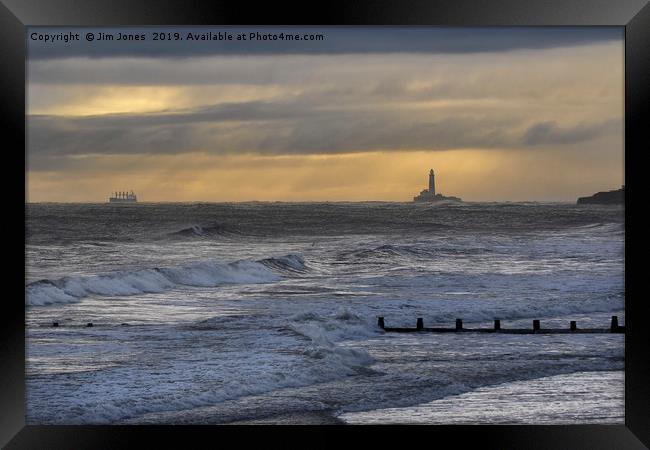 Golden sky over silver sea Framed Print by Jim Jones