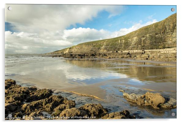 Dunraven Bay with clouds reflected on wet sand Acrylic by Nick Jenkins