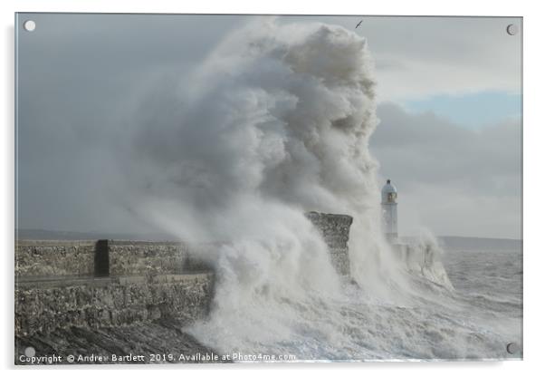 Porthcawl hit by massive waves. Acrylic by Andrew Bartlett