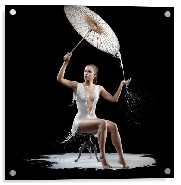 Woman with milk dress Acrylic by Johan Swanepoel