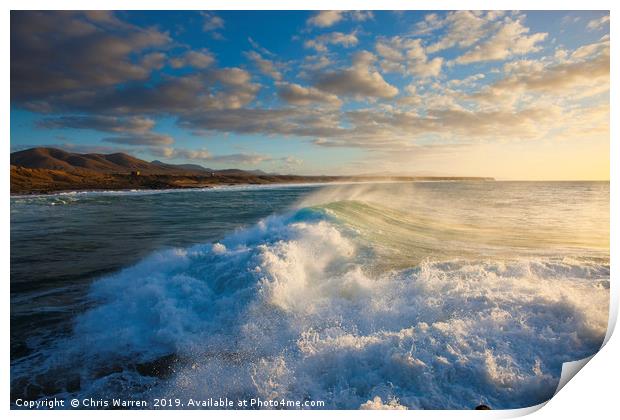Wind blowing the surf El Cotillo Fuerteventura  Print by Chris Warren