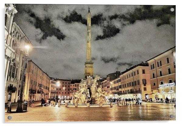 Piazza Navona at night Acrylic by Rachael Hood