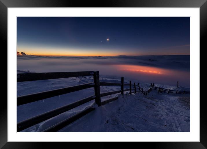 Winter conjunction over freezing fog and snow Framed Mounted Print by John Finney