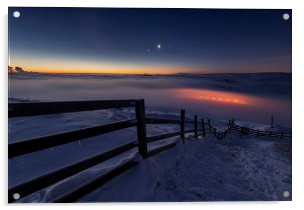 Winter conjunction over freezing fog and snow Acrylic by John Finney