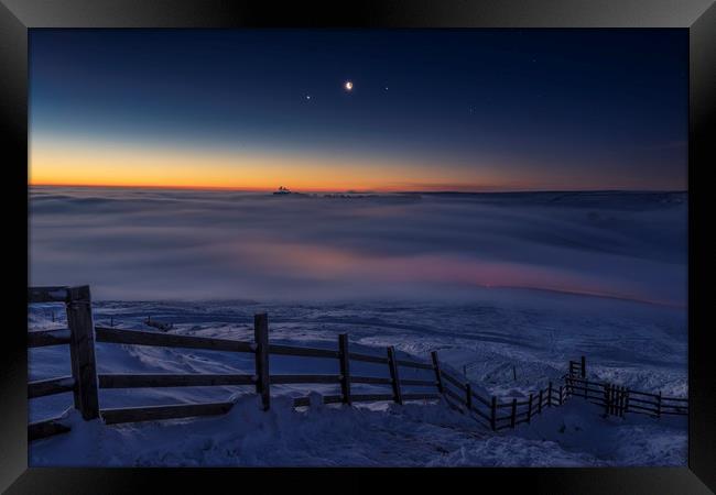 Winter conjunction over freezing fog and snow  Framed Print by John Finney