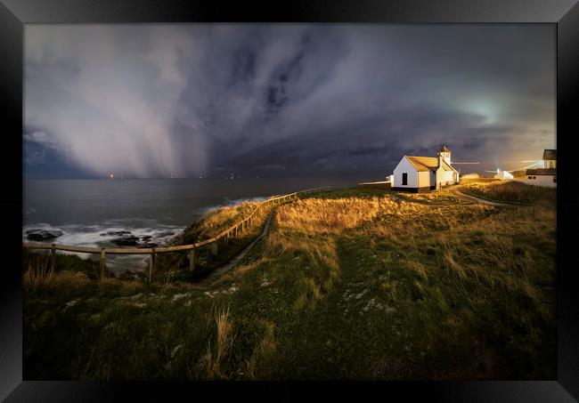 Night Time Snow Shower Passing Seaton Sluice Framed Print by Paul Appleby