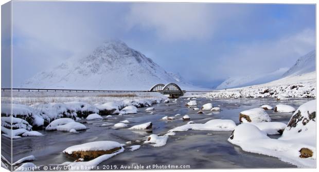 Buachaille Etive Mor and bridge from the river  Canvas Print by Lady Debra Bowers L.R.P.S