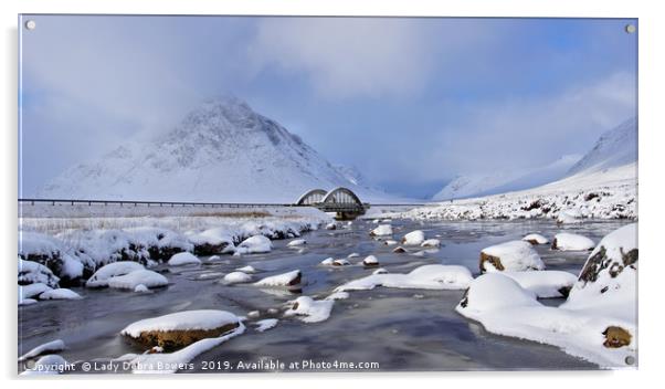 Buachaille Etive Mor and bridge from the river  Acrylic by Lady Debra Bowers L.R.P.S