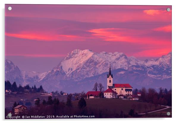 Prezganje church with snowy Kamnik Alps at sunset Acrylic by Ian Middleton
