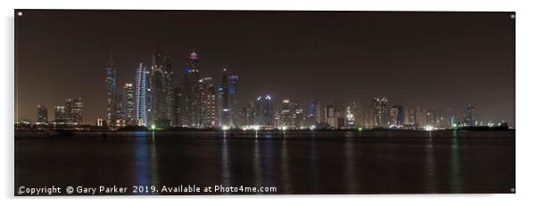 Skyscrapers of Dubai Marina at night.  Acrylic by Gary Parker