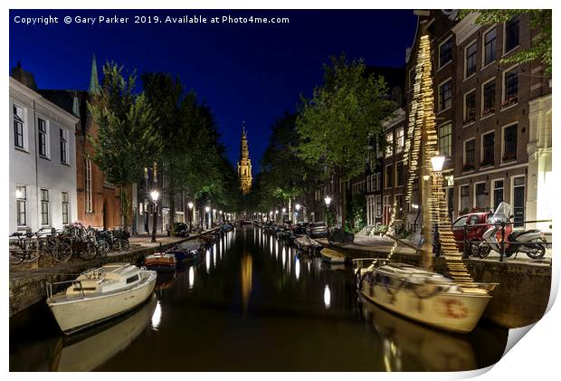 Amsterdam canal, at night Print by Gary Parker