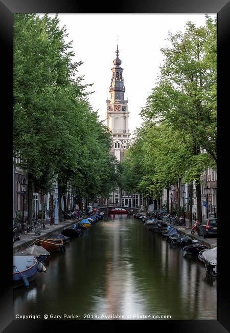 Amsterdam canal and Zuiderkerk Church Framed Print by Gary Parker