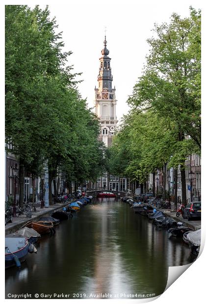 Amsterdam canal and Zuiderkerk Church Print by Gary Parker
