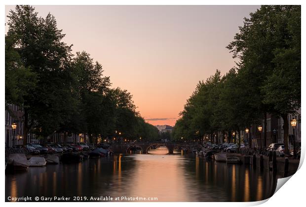 Sunset, looking down a canal in Amsterdam. Print by Gary Parker