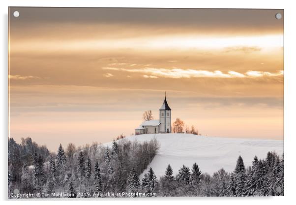 Winter sunrise at Jamnik church of Saints Primus a Acrylic by Ian Middleton