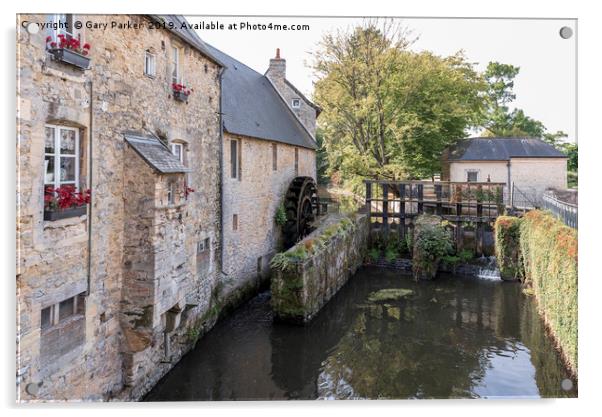 A watermill and a lock in Bayeux (France). Acrylic by Gary Parker