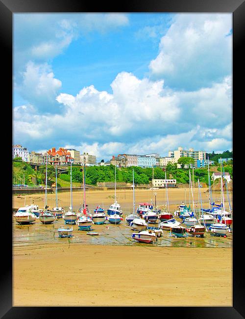 Tenby Harbour.Tide out. Framed Print by paulette hurley