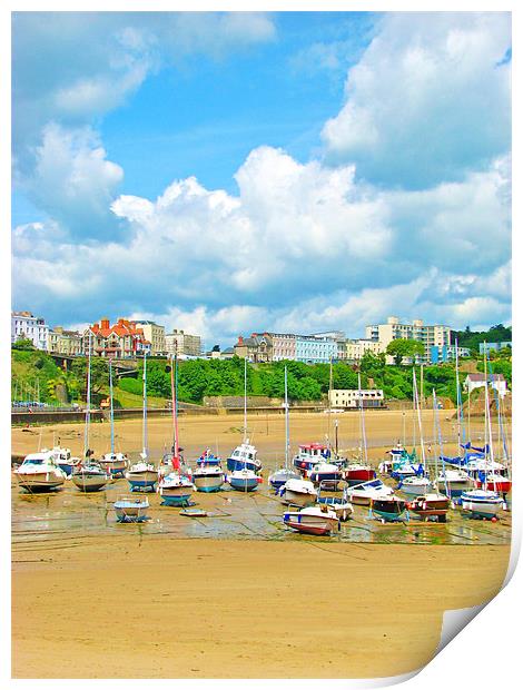 Tenby Harbour.Tide out. Print by paulette hurley