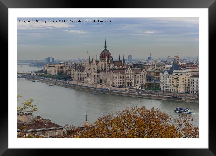 Budapest Parliament building on the river Danube Framed Mounted Print by Gary Parker