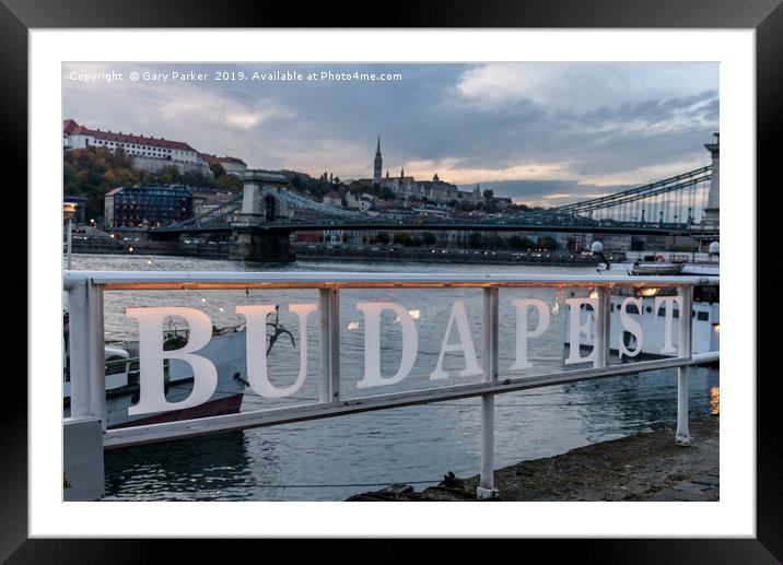 Budapest sign on the banks of the river Danube Framed Mounted Print by Gary Parker