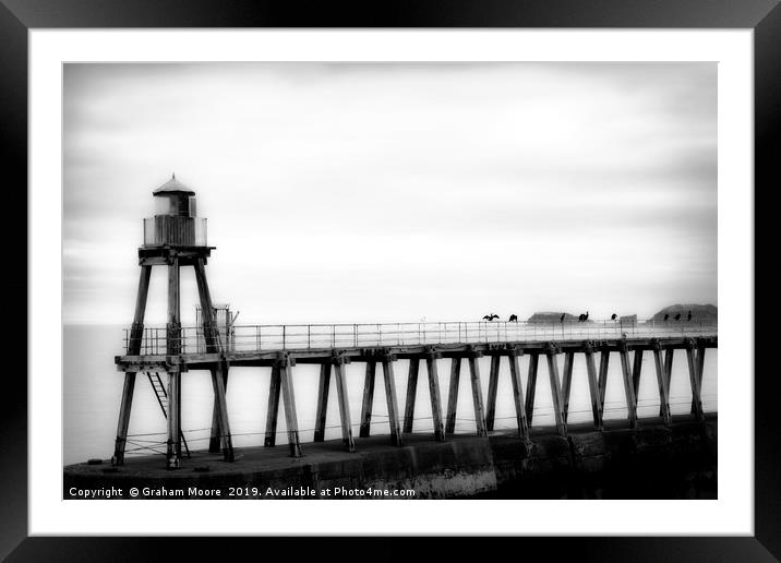 Whitby harbour pier monochrome Framed Mounted Print by Graham Moore