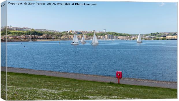 Cardiff Bay view of the water, with sailing boats	 Canvas Print by Gary Parker