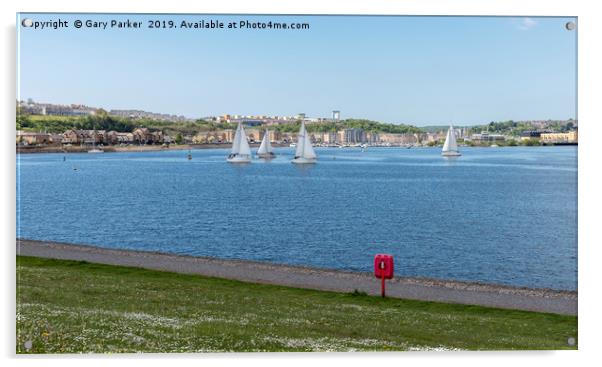 Cardiff Bay view of the water, with sailing boats	 Acrylic by Gary Parker