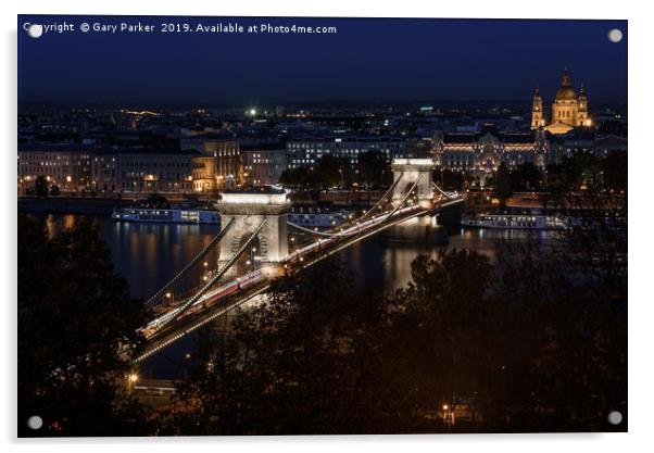 Szechenyi chain bridge budapest, lit up at night Acrylic by Gary Parker