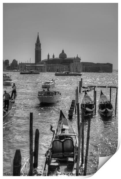 Gondolas in front of San Giorgio Maggiore - B&W Print by Tom Gomez