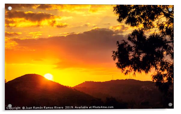 Sunset sun behind the mountain with orange sky Acrylic by Juan Ramón Ramos Rivero