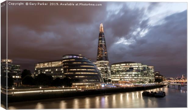 London Skyline, including the Shard, at night Canvas Print by Gary Parker