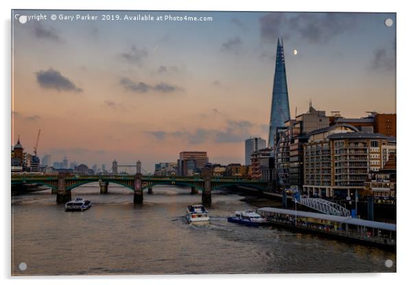 Sunset over the river Thames & the Shard, London. Acrylic by Gary Parker