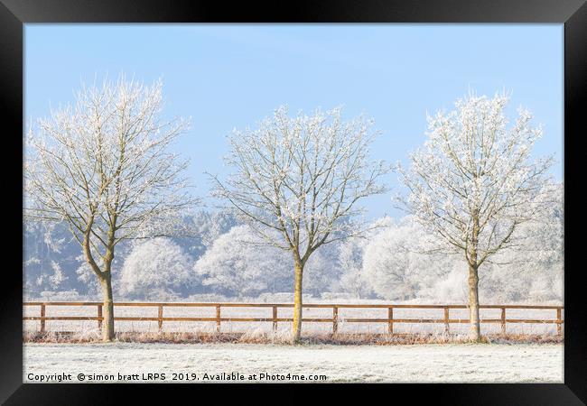 Three winter trees and frozen fence Framed Print by Simon Bratt LRPS
