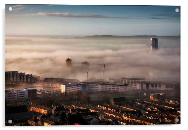 Fog over Swansea City Acrylic by Leighton Collins