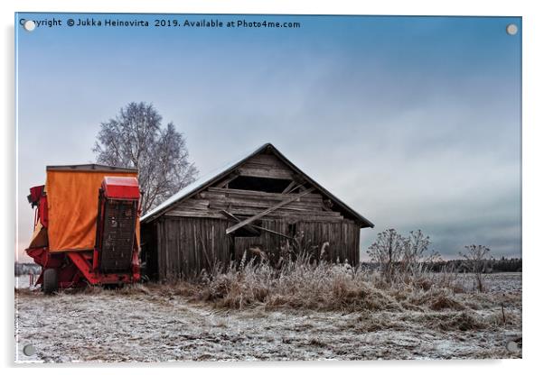 Potato Harvester By An Old Barn Acrylic by Jukka Heinovirta