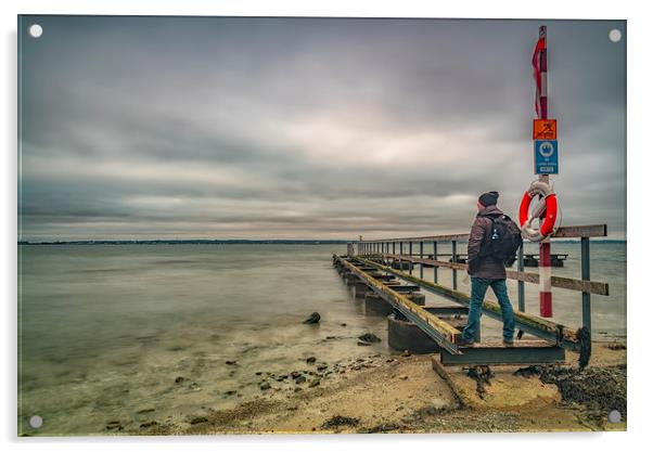 Larod Beach Pier with Man Acrylic by Antony McAulay