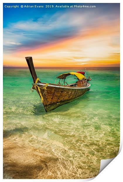 Longtail boat Sunset Thailand  Print by Adrian Evans