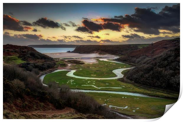 Sunset at Three Cliffs Bay Print by Leighton Collins