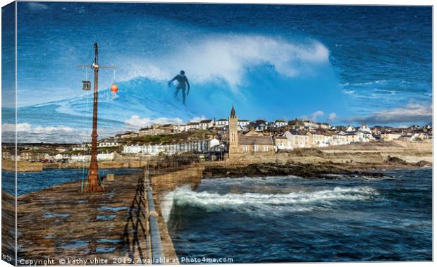 Surfing in Porthleven  in Cornwall Canvas Print by kathy white
