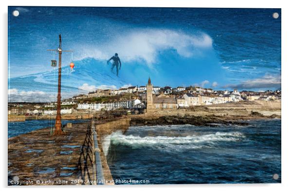 Surfing in Porthleven  in Cornwall Acrylic by kathy white