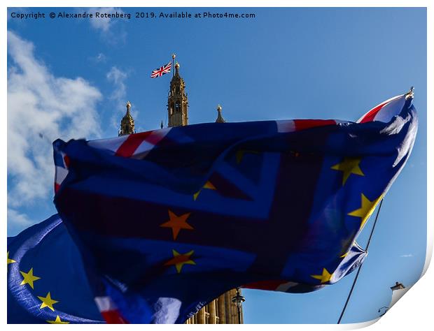 UK and EU flags at Westminster, London Print by Alexandre Rotenberg