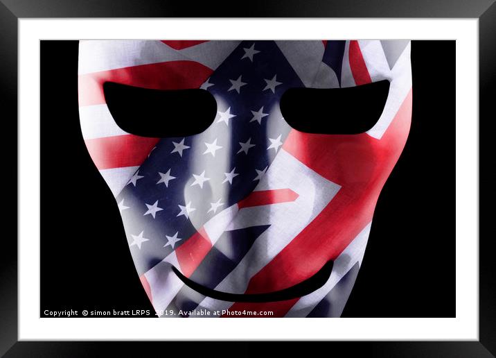 Mask with GB and USA flags overlaid Framed Mounted Print by Simon Bratt LRPS