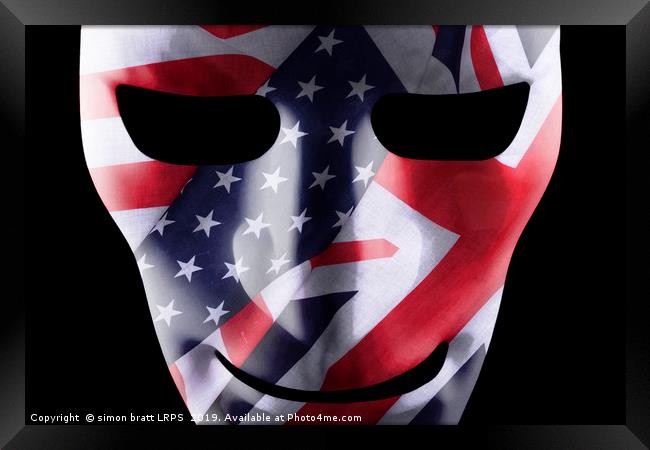 Mask with GB and USA flags overlaid Framed Print by Simon Bratt LRPS
