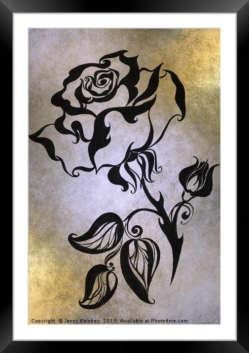 Ink Drawing Chinese Rose Golden Framed Mounted Print by Jenny Rainbow