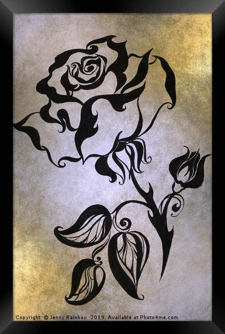 Ink Drawing Chinese Rose Golden Framed Print by Jenny Rainbow