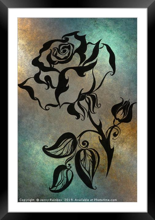 Ink Drawing Chinese Rose Blue Framed Mounted Print by Jenny Rainbow