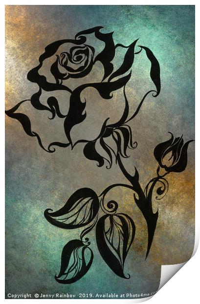 Ink Drawing Chinese Rose Blue Print by Jenny Rainbow
