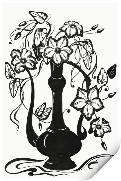 Ink Drawing Clematises in Indian Pitcher Print by Jenny Rainbow