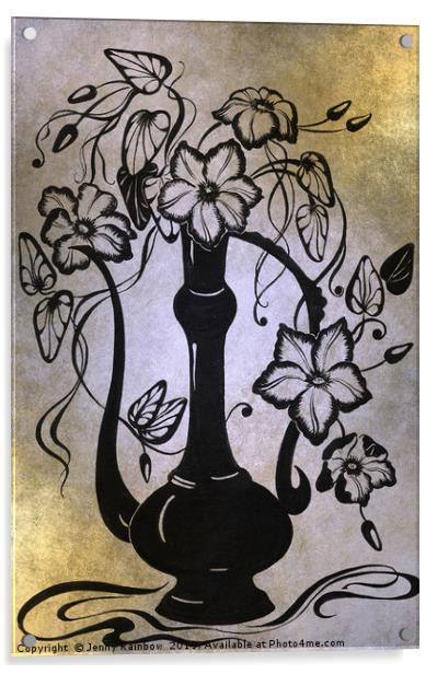 Ink Drawing Clematises in Indian Pitcher Golden Acrylic by Jenny Rainbow