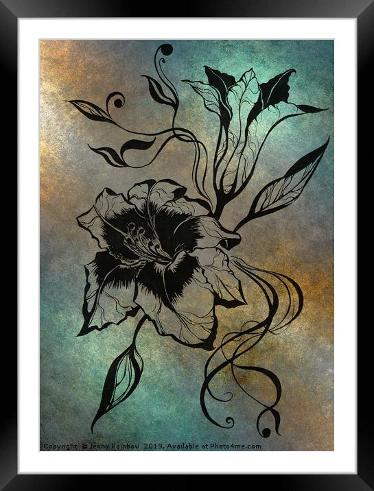 Ink Drawing Lily Elegance Blue Framed Mounted Print by Jenny Rainbow
